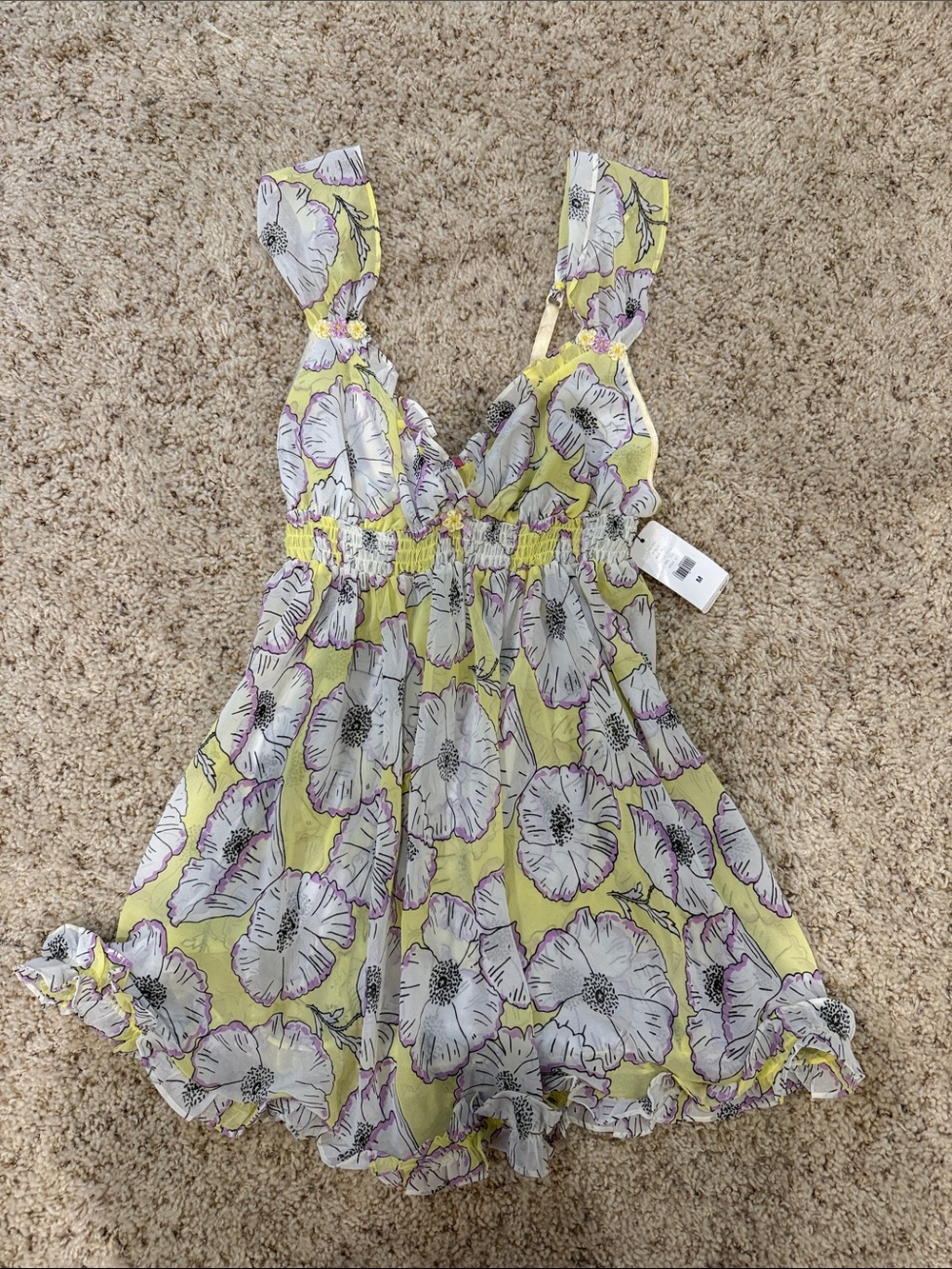 NWT Betsey Johnson Intimates Yellow Floral Chemise with White Poppy Print